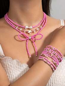 粉色串珠蝴蝶爱心吊坠项链手链套装，甜美可爱，适合日常佩戴、通勤和度假。 - 彩色 - 查看 1