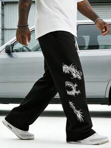 Plus Size Men's Street Collegiate Style Pants, Fall - Black - View 2