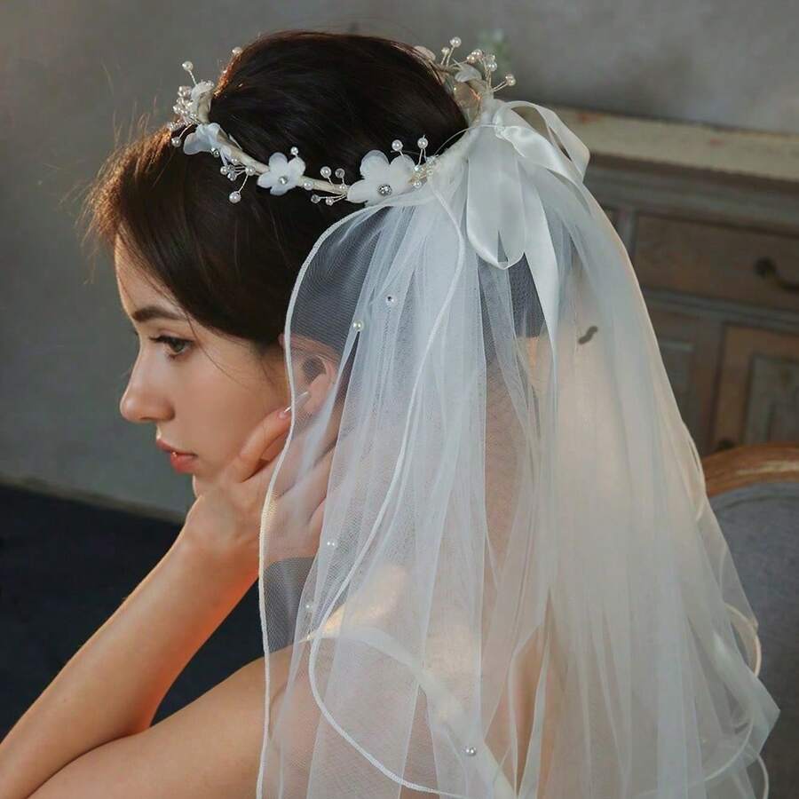 1件欧美新娘白色蝴蝶结仿珍珠短头纱，浪漫花卉头饰，旅行摄影配饰，不适合成人佩戴 - 彩色 - 查看 1