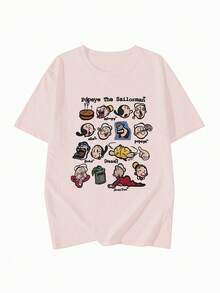 Nueva camiseta de manga corta con estampado de dibujos animados retro, diseño único de ajuste ceñido, casual y adecuada para el verano - Rosa Pálido - Ver 5