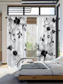 2pcs Floral Style Curtains, Featuring Countryside Charm, Suitable For Bedroom, Office, Kitchen, Living Room, Study, Home Decor, Beautiful, Easy To Install And Durable (Single Layer Printed Curtains, No Valance) - Black and Gray - View 9