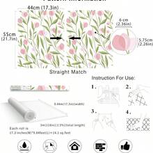 1卷粉色郁金香图案自粘壁纸，多色壁纸，可移除乙烯基墙贴，适用于客厅、卧室、厨房墙面装饰。直接粘贴，可移除壁纸，尺寸45厘米*500/300/100厘米 - 粉紅色 - 查看 10
