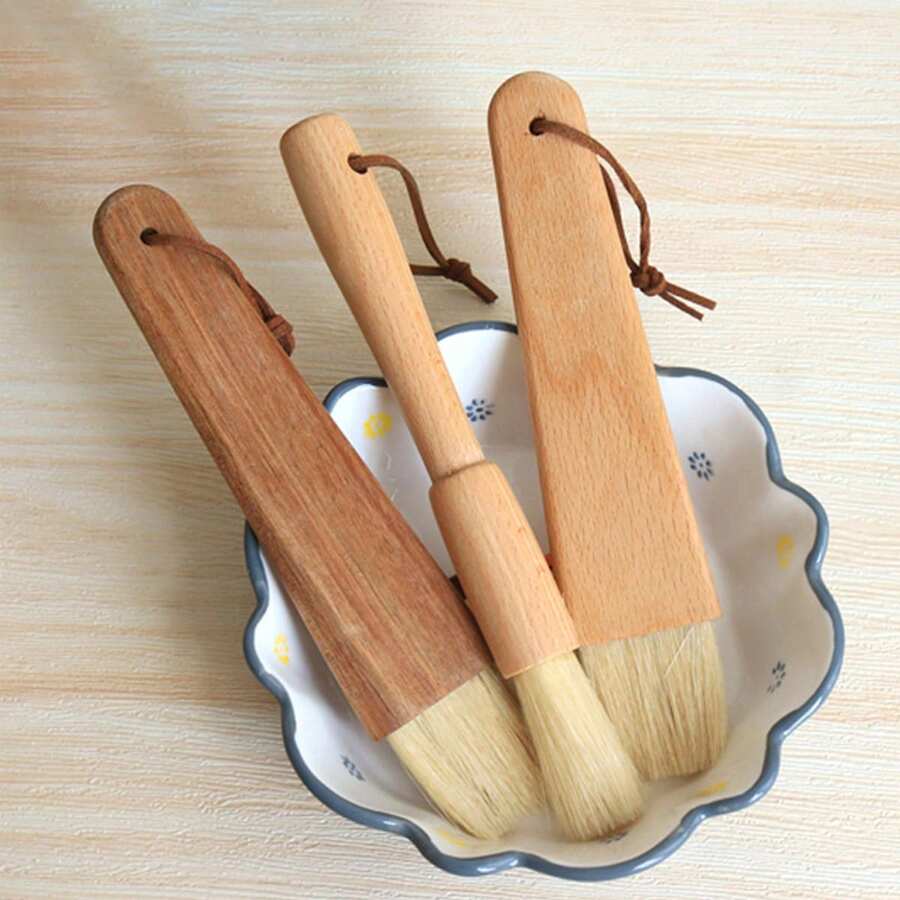 1pc Barbecue Brush, Oil Brush, Beechwood Bristle Brush, Round Pastry Brush, Wooden Handle Bread & Cake Baking Brush - Multicolor - View 1