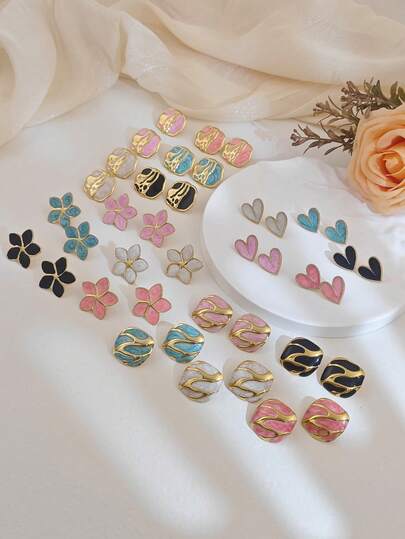 8对精致不锈钢花瓣耳钉浪漫时尚饰品油滴耳环彩色几何耳环女士饰品复古金色耳钉少女款