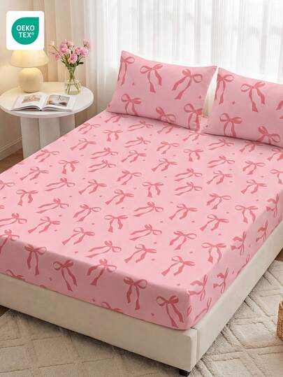 1 pieza Sábana ajustada, protector de colchón, textil suave y cómodo, se ajusta a colchones de 9 pulgadas, diseño de lazo lindo, sin arrugas, transpirable, adecuado para todos los tamaños de cama, esencial para el hogar y la residencia estudiantil, decoración de dormitorio, ropa de cama esponjosa, regalo para mujeres, tamaño Queen/King, sin almohada/funda de almohada, lavable a máquina