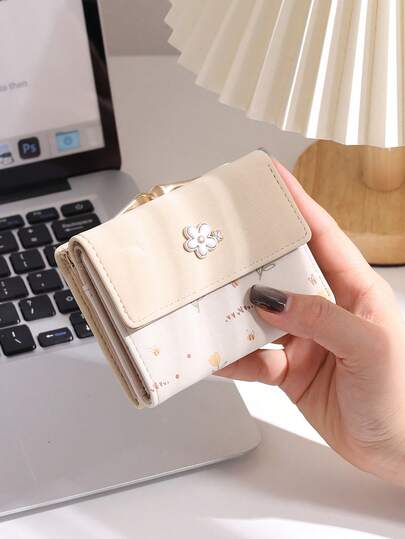 2026 New Beige Short Iron Frame Coin Purse, Korean PU Floral Print Snap Closure Compact Square Wallet, Multifunctional College Style Coin Pouch, Party/Teacher's Day/Mother's Day/Student Birthday Gift