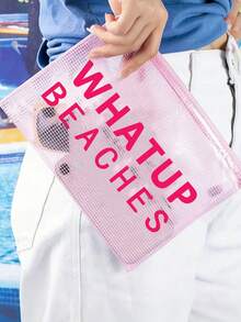 Mehrfarbige wasserdichte modische Mesh-Strandtasche, Kosmetiktasche mit "WHATUP BEACHES" Aufdruck, Strandthema, transparente Kosmetiktasche mit großer Kapazität, leichte Aufbewahrungstasche mit Sonnenschutz, Strandessentiell, Nylon-Reißverschluss Kulturbeutel, geeignet für Schwimmen, Strand, Tauchen und Sommerurlaub, Schulanfang für Studenten, Geburtstag, Feiertag, Party, Hochzeit (Brautjungfer) usw. Perfektes Geschenk und Souvenir - Verschiedenfarbig - Übersicht 7