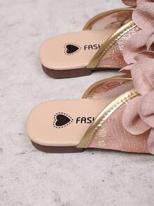 1 Pair Girls' Mesh Embroidered 3D Flower Peep-Toe Flat Sandals, Suitable For Spring And Summer, Princess Shoes - Coral Pink - View 7