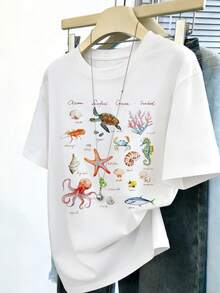 Plus Size Women's Round Neck Loose Short Sleeve T-Shirt With Starfish Print, Bohemian Style Oversized Ocean Animal Pattern Cropped Top, Suitable For Summer - White - View 4
