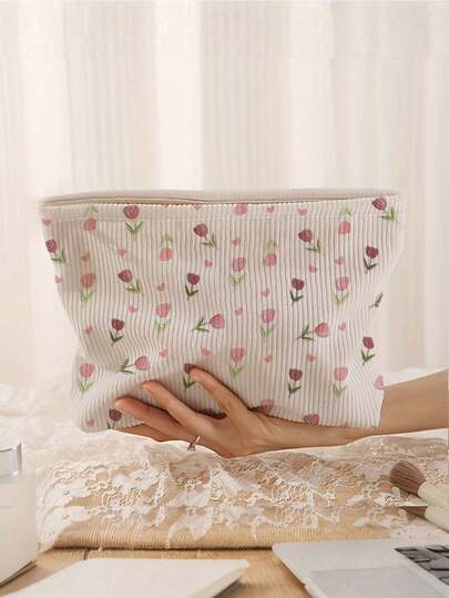 Sac cosmétique imprimé tulipe mignon, trousse de maquillage à fermeture éclair, sac organisateur de voyage grande capacité, peut contenir du rouge à lèvres, des pinceaux de maquillage, des soins de la peau, un téléphone, des pièces de monnaie, des maillots de bain, de petits articles, multifonctionnel pour la maison, les cadeaux, les vacances, les articles de toilette, l'école, le rangement des cosmétiques, la papeterie, la décoration de la chambre, convient aux filles, aux femmes, aux mamans, aux sœurs, aux enseignants, cadeau pour la fête des mères, décoration printanière, accessoire de voyage