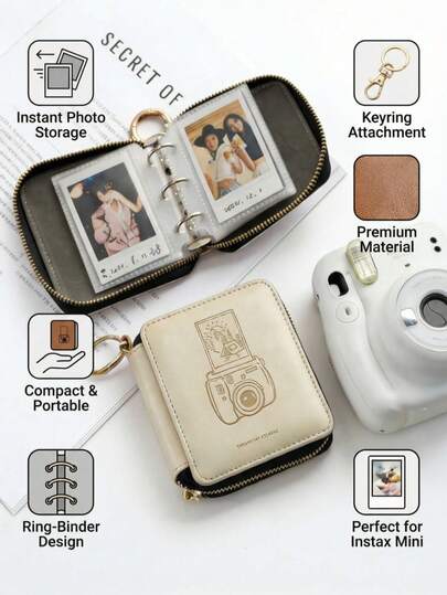 1个3英寸迷你相册 - 配有背包挂钩、拉链口袋、卡槽和简约仿皮封面，可容纳50张照片，适用于2026年拍立得相机配件，春季校园伴侣，复活节通勤收纳包，母亲节纪念品，旅行必备，随时随地轻松拍照