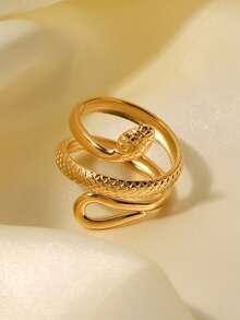 1pc Stainless Steel 18K Gold Plated Minimalist Elegant Geometric Textured Snake Ring, Suitable For Women's Daily And Holiday Wear - Multicolor - View 3