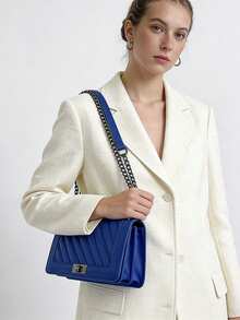 Herringbone Embroidered Twist Lock Small Square Shoulder Bag Crossbody Bag Chain Strap Women Handbag - Blue - View 3