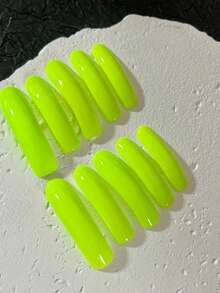 10片亮面纯色长弧形可佩戴美甲贴片，可卸式假指甲，霓虹粉/霓虹绿可选，派对魅力风格 - 綠色 - 查看 3