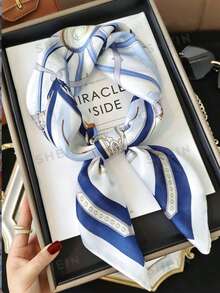 1条女士复古马术元素小方巾，经典优雅围巾 - 藍白色 - 查看 6