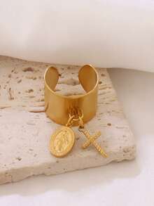 1pc Stainless Steel Virgin Mary Pendant Open Rings Fashion Heart Cross Charms Round Rings For Women 18K Gold Plated Finger Ring Jewelry - Ring - View 5