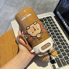 Cute Capybara Insulated Kids Water Bottle, 17oz 316 Stainless Steel Leak Proof 2-In-1 Dual Lid Straw Cup With Portable Handle, Cartoon Tumbler For Toddlers Boys Girls School Travel Outdoor Use - 彩色 - 查看 5