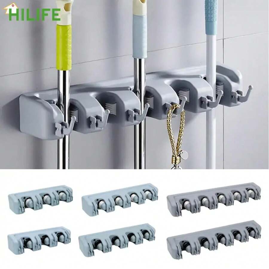 Soporte de plástico para fregona, gancho para escoba montado en la pared, estante de almacenamiento multifuncional para escoba de 3/4/5 posiciones, organizador de baño - 3 y 4 Blanco - Ver 1