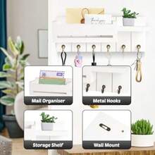 Key Holder For Wall - Key Hooks Wall Mounted With Shelf Wooden Key Rack Letter Holder With 6 Hooks Key Hooks For Home Decor Key Hanger With Coat Hooks Box Key Holders For Entryway Hallway White Fvv - White - View 3