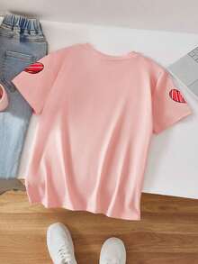 Conjunto de camiseta e shorts para meninas, roupa casual juvenil, estilo moderno e personalizado, ideal para escola, férias e uso diário, conjunto perfeito para primavera/verão. - Rosa - Ver 4