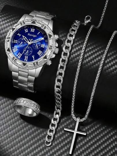 Set de 4 piezas de relojes de cuarzo minimalistas y casuales para hombres, accesorios de plata maciza, que incluye un reloj de cuarzo con esfera azul y correa de aleación de plata, pulsera, collar y anillo, centrado en un tono azul frío para realzar la textura robusta; la resistente correa de metal es de moda.