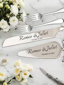 4pcs/Set Personalized Stainless Steel Cake Cutlery Set, Cake Slicer With Fork, Engraved Cake Serving Set, Wedding Favor, Birthday Gift, Anniversary Gift, Ideal For Valentine's Day, Mother's Day, Father's Day, Birthday Or Anniversary, Wedding Gift, Best Gift For Newlyweds - Style 2 - View 2