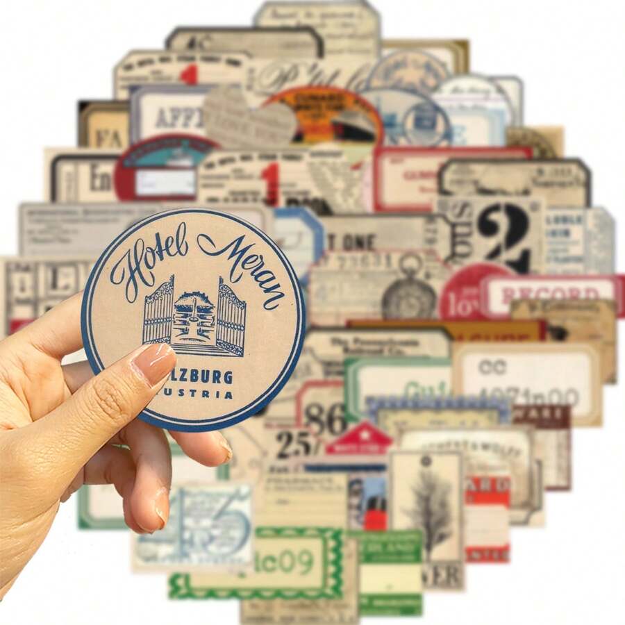 60pcs Vintage English Memo Pad Creative Doodle Stickers, Suitable For Phone Case, Luggage, Waterproof Decorative Sticker - Color - View 1