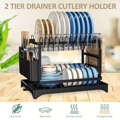 2 Tier Dish Drainer Rack With Drip Tray Cutlery Holder Plate Rack Kitchen Sink