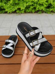 FZY Platform Slides For Women, Adjustable Buckle Glitter Straps, Comfortable Chunky Flatform Sandals, Non-Slip Open Toe Y2K Summer Slippers For Beach, - 黑色 - 查看 1