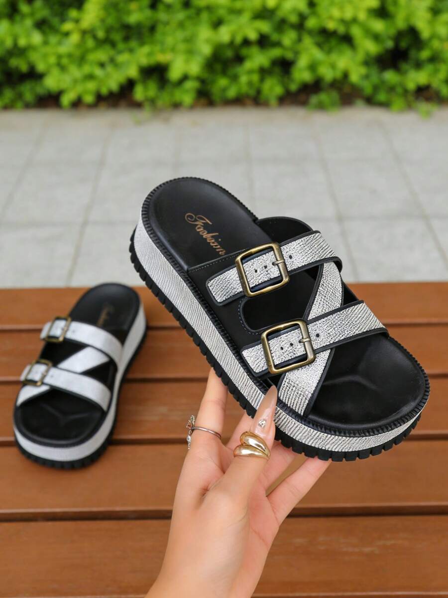FZY Platform Slides For Women, Adjustable Buckle Glitter Straps, Comfortable Chunky Flatform Sandals, Non-Slip Open Toe Y2K Summer Slippers For Beach, - 黑色 - 查看 1