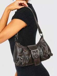 1pc Women Retro Biker Chic Studded Adjustable Strap Crossbody Bag, Large Capacity Soft Gradient Leather Shoulder/Underarm Bag, Suitable For Work, Dating, Parties, Vintage Bag For Women, Halloween Purse Perfect For Fancy Party Halloween Fashion & Gothic Fashion , Office Bag - 棕色 - 查看 6