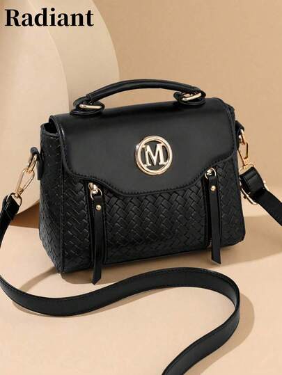 Women's Fashion "M" Letter Phone & Coin Crossbody Bag, Woven Texture Flap Cover Adjustable Strap, Lightweight Shoulder Bag For Daily Commute, Errands, Shopping