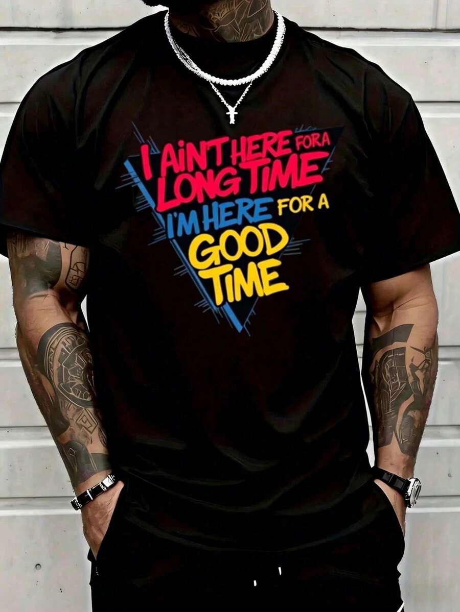 Camiseta de hombre con estampado de letras coloridas - Negro - Ver 1