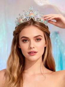 1pc Rhinestone Embellished Luxury Scallop Shell Crown Alloy Headpiece, Party Accessory - Multicolor - View 2