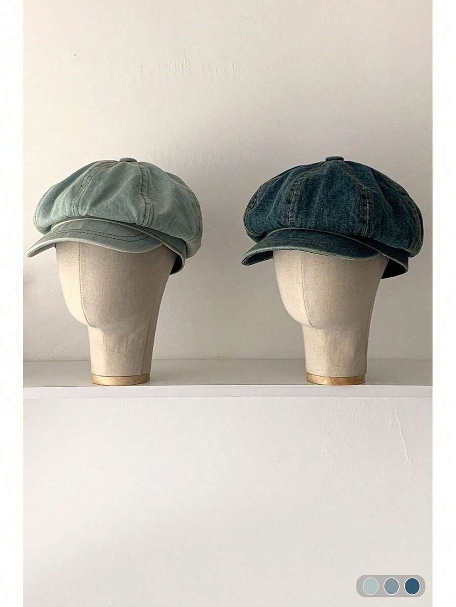 1pc Gradient Denim Newsboy Cap, Vintage Distressed Denim Octagonal Hat, Fashionable & Versatile For Women, Adjustable Size