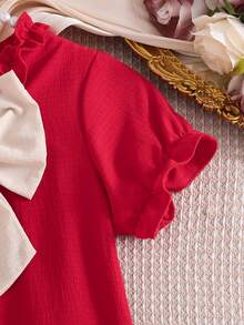 Cute & Comfortable V-Neck Bowknot Girls' Nightgown, With Pleated Collar Design And Fashionable Bow Decor. Soft Fabric, Easy To Put On And Take Off, Suitable For Spring, Summer And Autumn Wear, Also An Ideal Gift For Daughter On Valentine's Day - Red - View 8