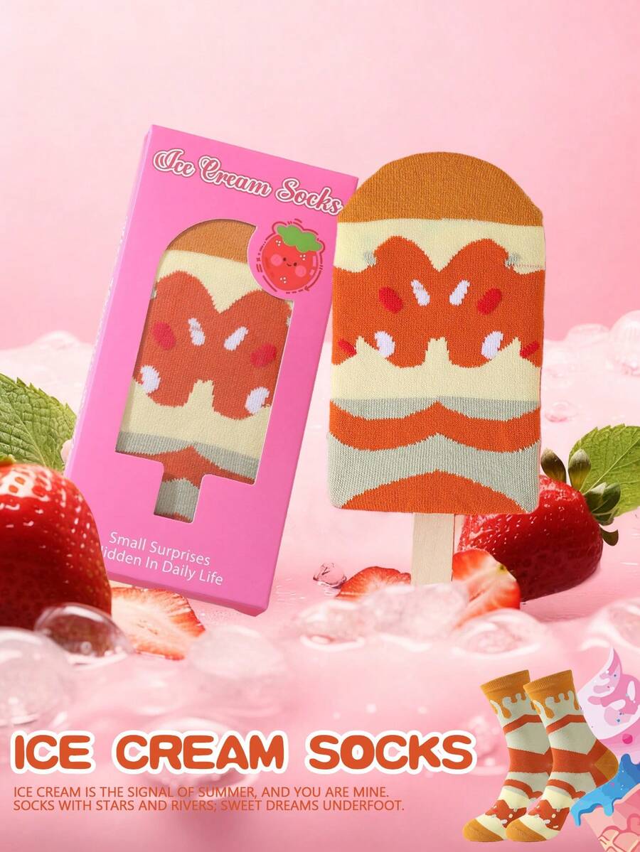 1 Pair New Interesting Multi-Color Ice Cream Mid-Calf Socks Gift Box, Spring/Summer New Unisex Sports Socks, Imaginative Food-Inspired Creative Design, Knitted Fabric, Long Thick Soft Comfortable, Perfect Gift For Birthday, Valentine's Day, Easter, Festival, Carnival, Dates, Parties, Holidays, Unique Quirky Abstract Daily Casual Wear Socks, Popular Food-Themed Outfit, Suitable For All Seasons, Great Gift For Couples, Friends, Ideal For Vacation, Outdoor Sports, Gym, Home, Office, Etc.
