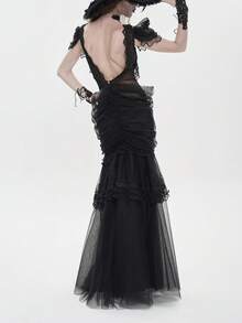Đầm maxi đuôi cá xếp ly ren kiểu Gothic, đầm lưới hở lưng phong cách cung đình cổ điển. - màu đen - Xem 3