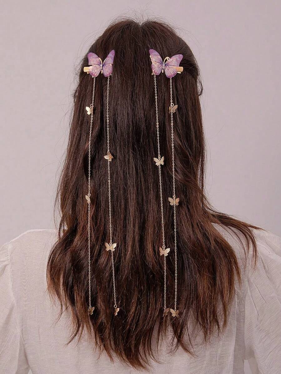 2pcs Girls Butterfly Chain Pendant Hair Clips For Daily Decoration Hair Accessories AL3H - Multicolor - View 1