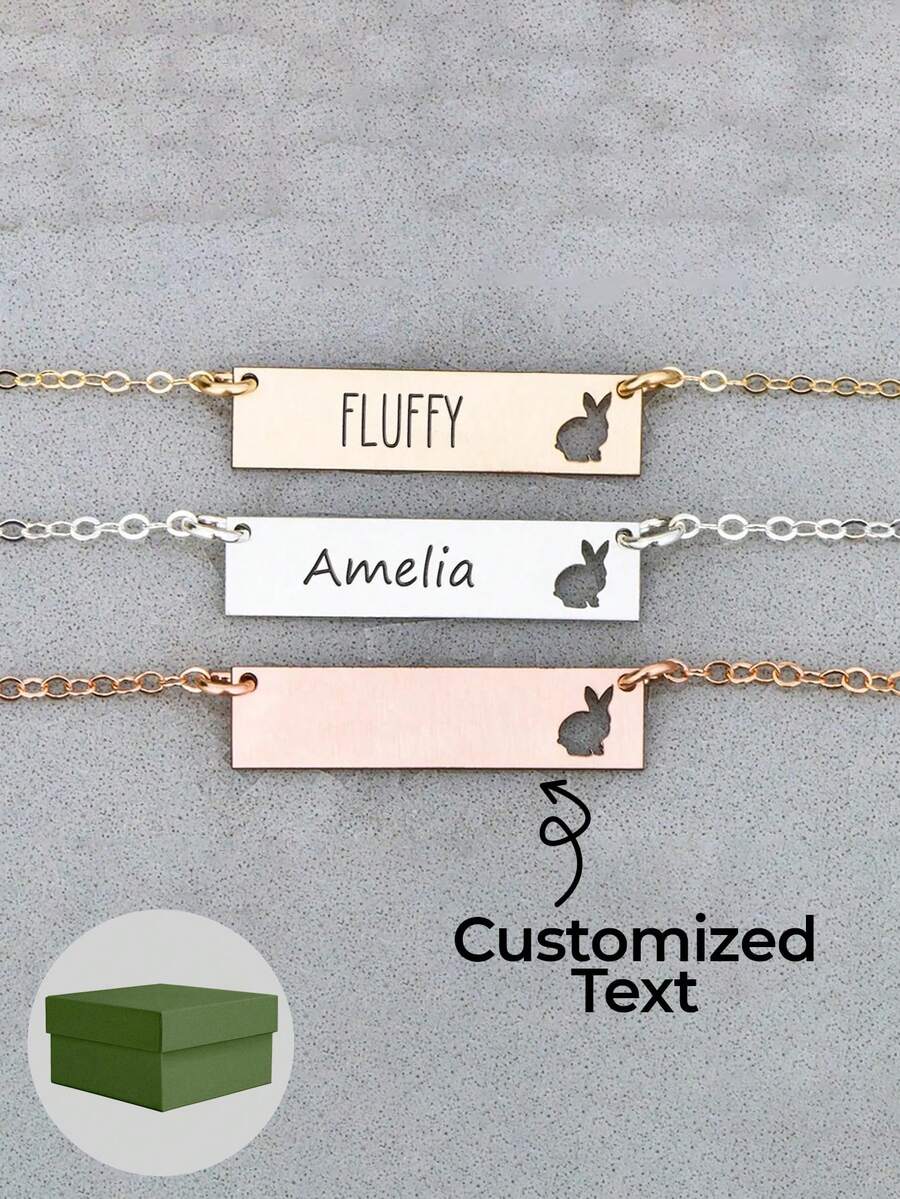 1pc Personalized Bunny Neck: 18k Gold Stainless Steel Rabbit Bar Charm, Customized Text Content, Simple And Fashionable Style, As A Daily Gift, Thanksgiving Gift - Multicolor - View 1