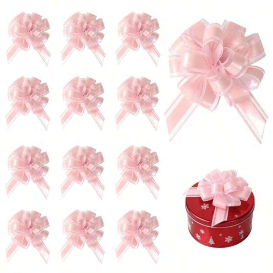 12 PCS Pink Bows For Gift Wrapping Big Bow For Present Large Bow For Present And Hampers Large Pull Ribbon Bows Suitable Flower Baskets Presents Boxes And Car Decorations Drr - As Pic - View 1