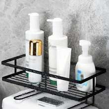 15lbs Capacity No-Drill Bathroom Wall Mounted Storage Rack, Single-Tier Metal Organizer With Toilet Paper Holder, Rust-Proof Space Saving - Black - View 3