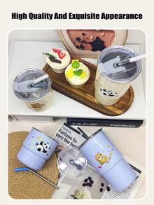 Cute Kitchen 1个304不锈钢双层保温咖啡杯，带盖，可爱猫咪/熊猫图案，容量14.2盎司/20.3盎司（420毫升/600毫升），米色/蓝色，材质防烫，包含304不锈钢吸管和硅胶吸管帽，非常适合车载、办公、旅行、野餐，也是节日送礼和自用的理想之选。 - 彩色 - 查看 5