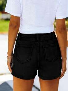 Women's Casual Denim Shorts, With Button, Split And Pockets, Distressed Straight Leg Style - Black - View 3