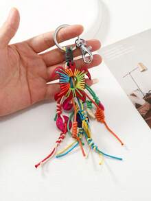 1PC Bohemian Style Hand Woven Rainbow Fringe Keychain Pendant, Wooden Carved Coconut Shell Five Pointed Star Turtle Keychain, Suitable For Party Gifts - Multicolor - View 5