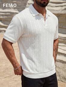 FEIAO Men's Vintage Coin Pattern Polo Shirt, Fabric Patchwork Design With Subtle Sheer Details, Soft Fabric For Comfortable Wear, Relaxed Fit. Fashionable And Versatile Daily Commute Casual Wear. - White - View 3