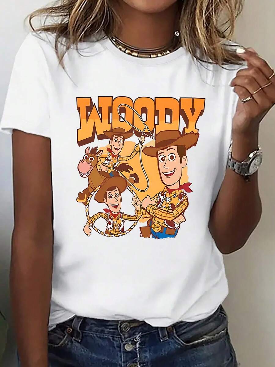 Disney Loose Version Toy Story Woody And Buzz Lightyear TS Letter Printed T-Shirt, Suitable For Summer And Spring, Short Sleeved Tops, Women's Clothing, Holiday Gift Party Costumes. - White - View 1