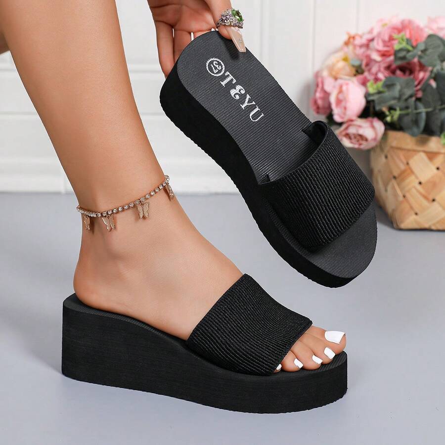 女士夏季纯黑色厚底人字拖，露趾厚底休闲沙滩拖鞋 - 黑色 - 查看 1
