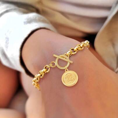 1条新款时尚圆形十二生肖金色不锈钢链手链，女士款