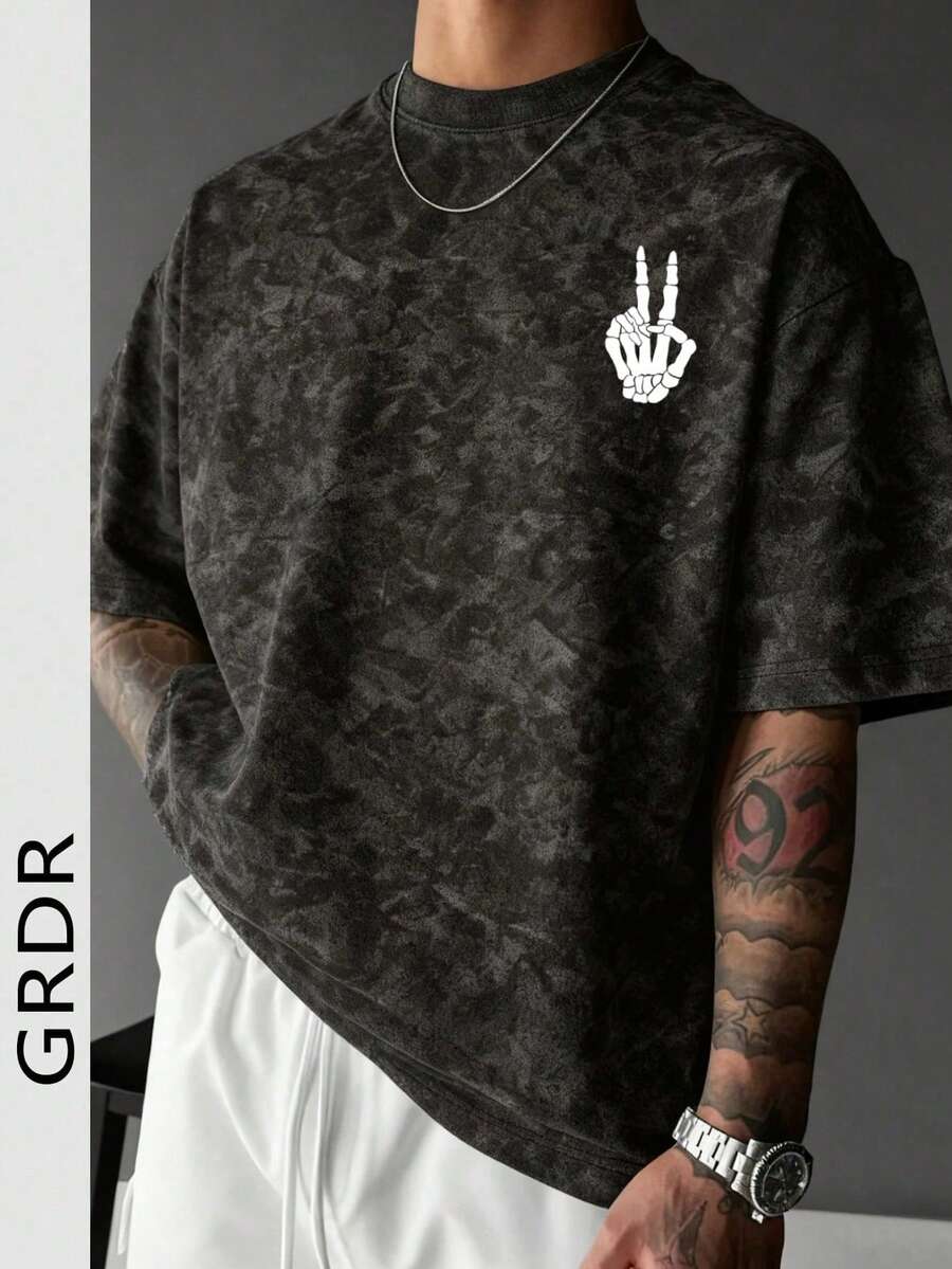 GRDR Men's Summer Skull Finger Print Casual Round Neck Short Sleeve T-Shirt, Comfortable & Fashionable - Black - View 1